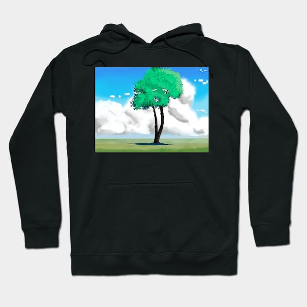 Peaceful Single Tree Scenery - Standalone Tree in Green Field Hoodie by DotNeko